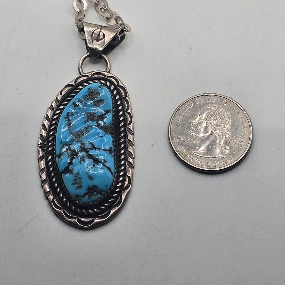 Vintage Native American Sterling Silver Signed Turquoise Pendant Necklace - Picture 4 of 10